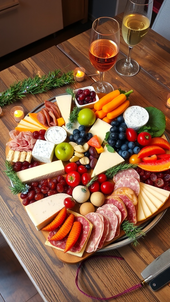 A festive appetizer platter with cheeses, cured meats, fruits, and vegetables on a rustic table for New Year